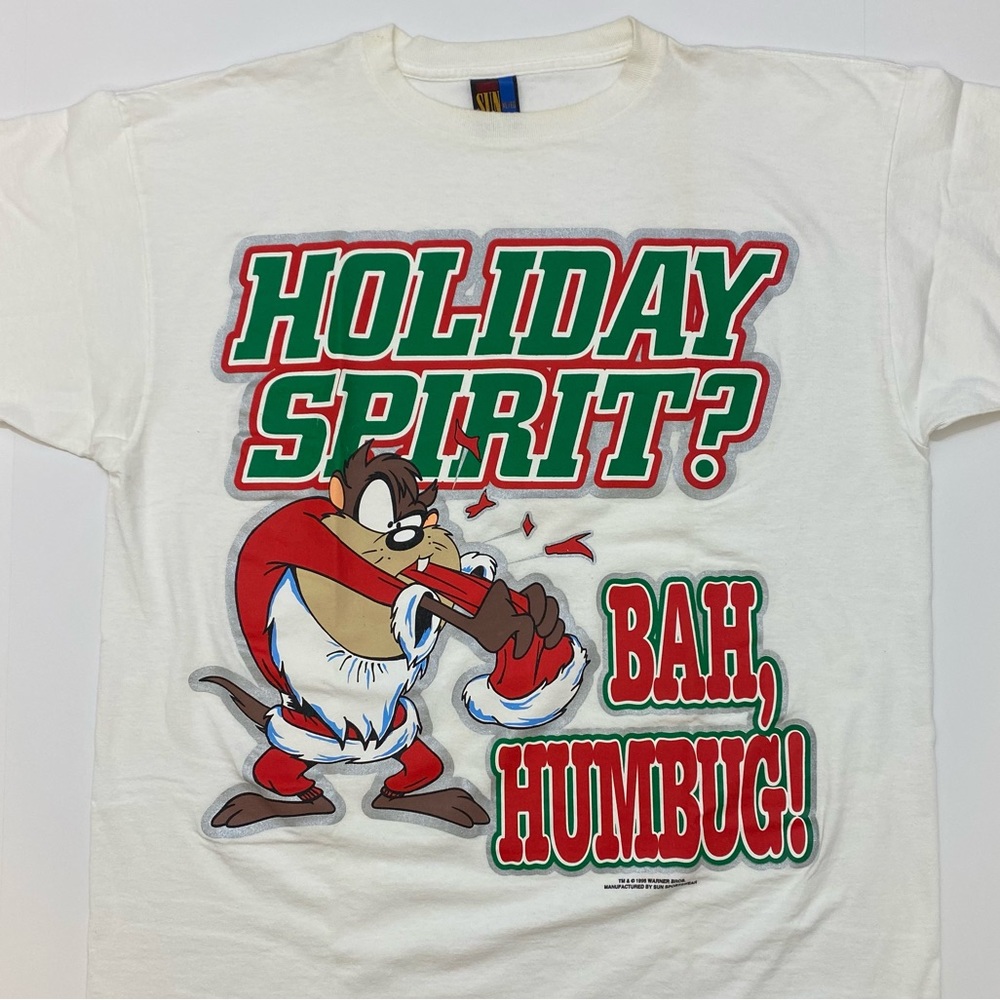 Vintage 1995 Looney Tunes TAZ Bah, Humbug Christmas T-Shirt XL White Red